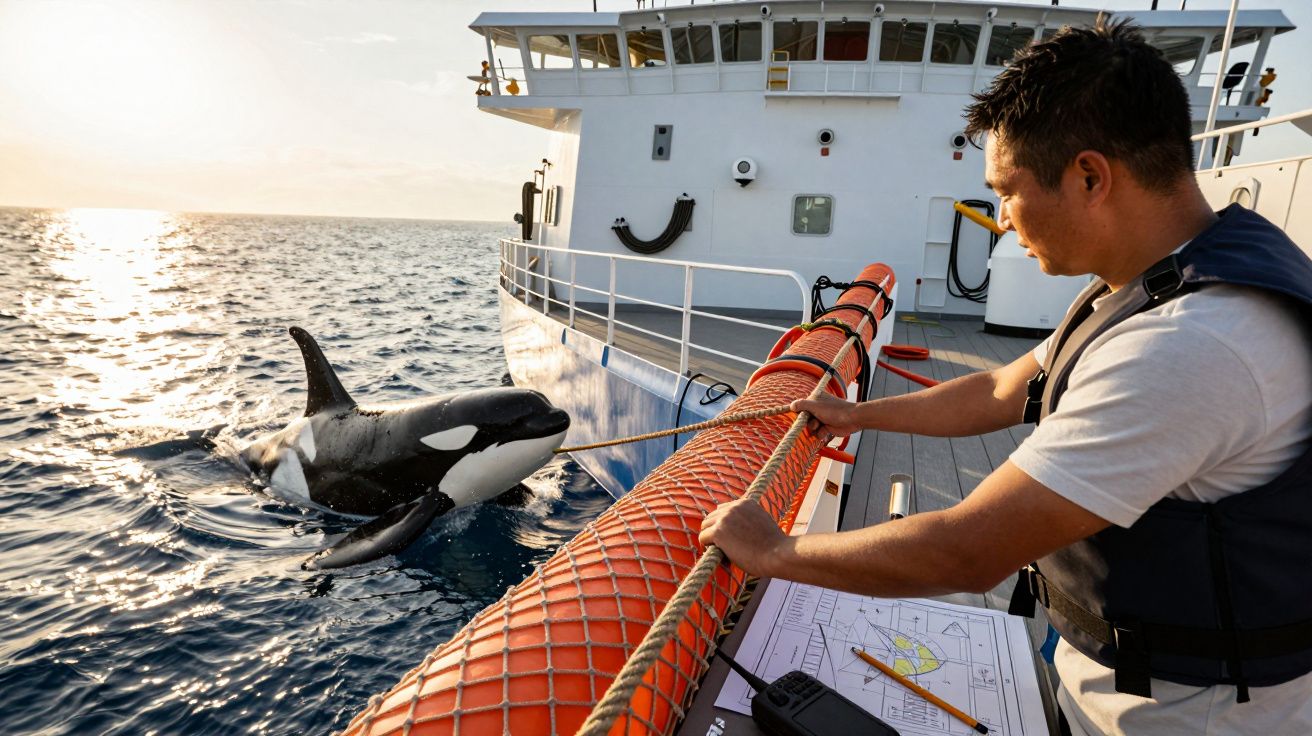 Mężczyzna na pokładzie statku karmi orkę pływającą obok, trzymając kij.