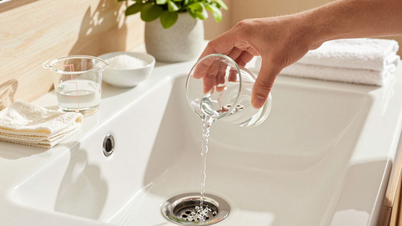 Ręka nalewająca wodę do zlewu z przezroczystej szklanki. Obok leży ręcznik i stoi roślina w doniczce.
