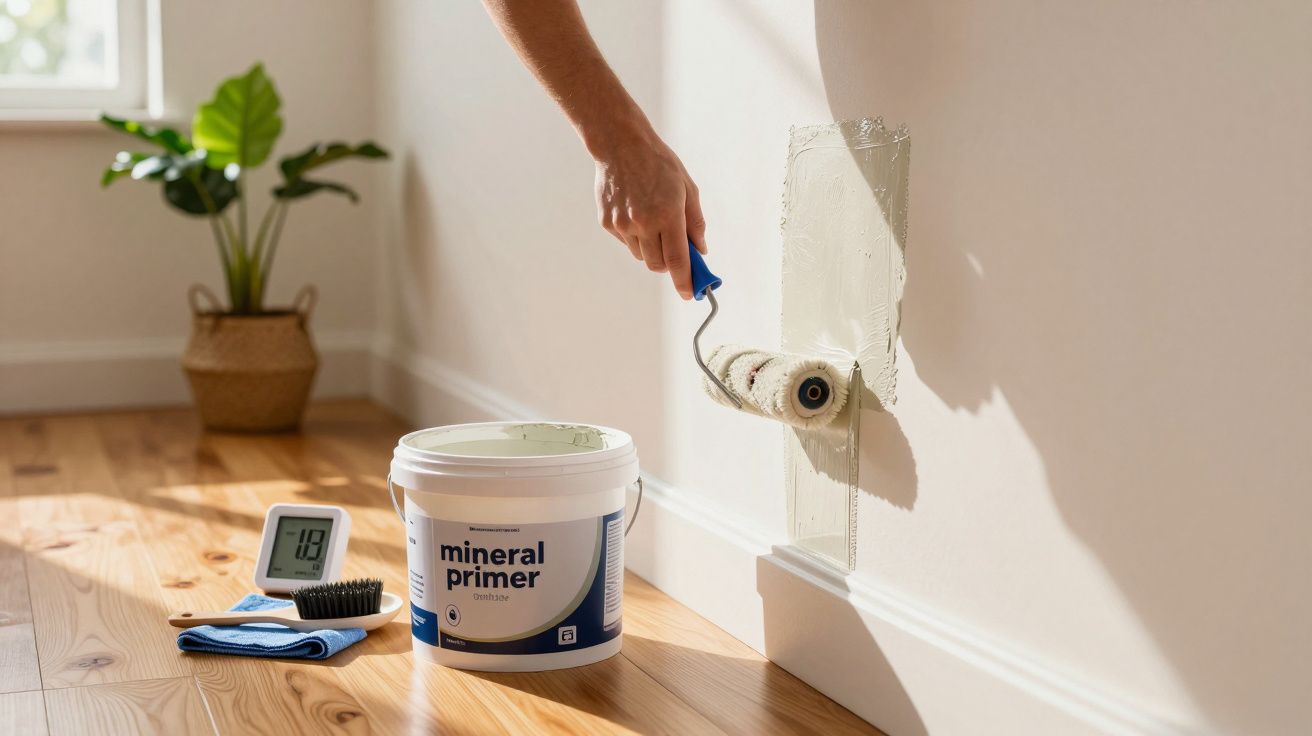 Osoba malująca ścianę wałkiem, obok wiadro z podkładem mineralnym na drewnianej podłodze.