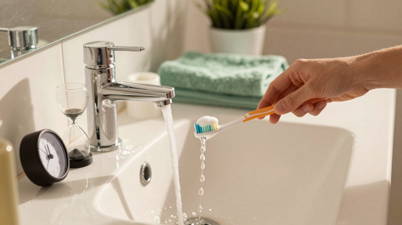 Ręka trzymająca szczoteczkę do zębów pod kranem z bieżącą wodą, w tle ręcznik i rośliny.