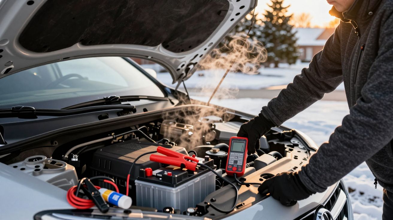 Osoba kontrolująca akumulator samochodu w zimowy dzień, z urządzeniem diagnostycznym w ręku, pod otwartą maską.