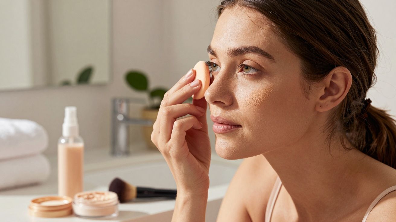 Kobieta nakładająca makijaż gąbeczką w łazience. W tle kosmetyki na białym blacie.