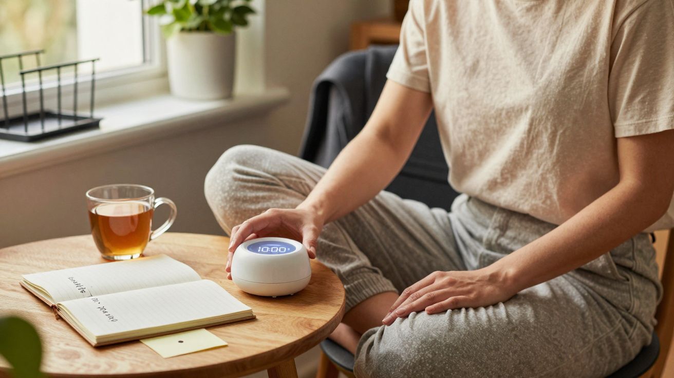 Osoba siedząca przy stole z notatnikiem, filiżanką herbaty i inteligentnym urządzeniem elektronicznym.