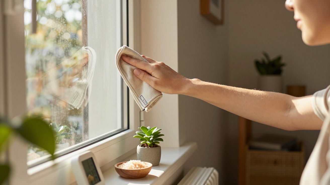 Osoba wyciera okno ściereczką, obok stoi doniczka z sukulentem i miseczka z solą na parapecie.