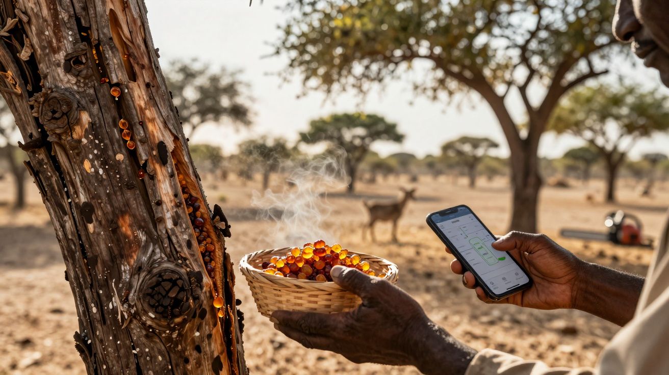 Mężczyzna trzyma koszyk z żywicą i telefon, stojąc przy drzewie na sawannie. W tle widać drzewa i antylopę.