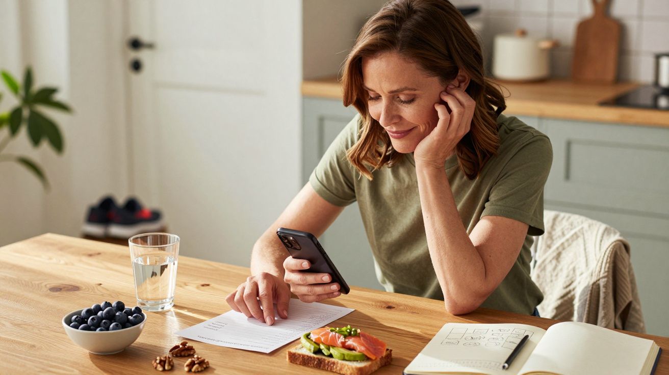 Kobieta przy stole z telefonem, obok talerz z jagodami, kanapka z łososiem i zeszyt.