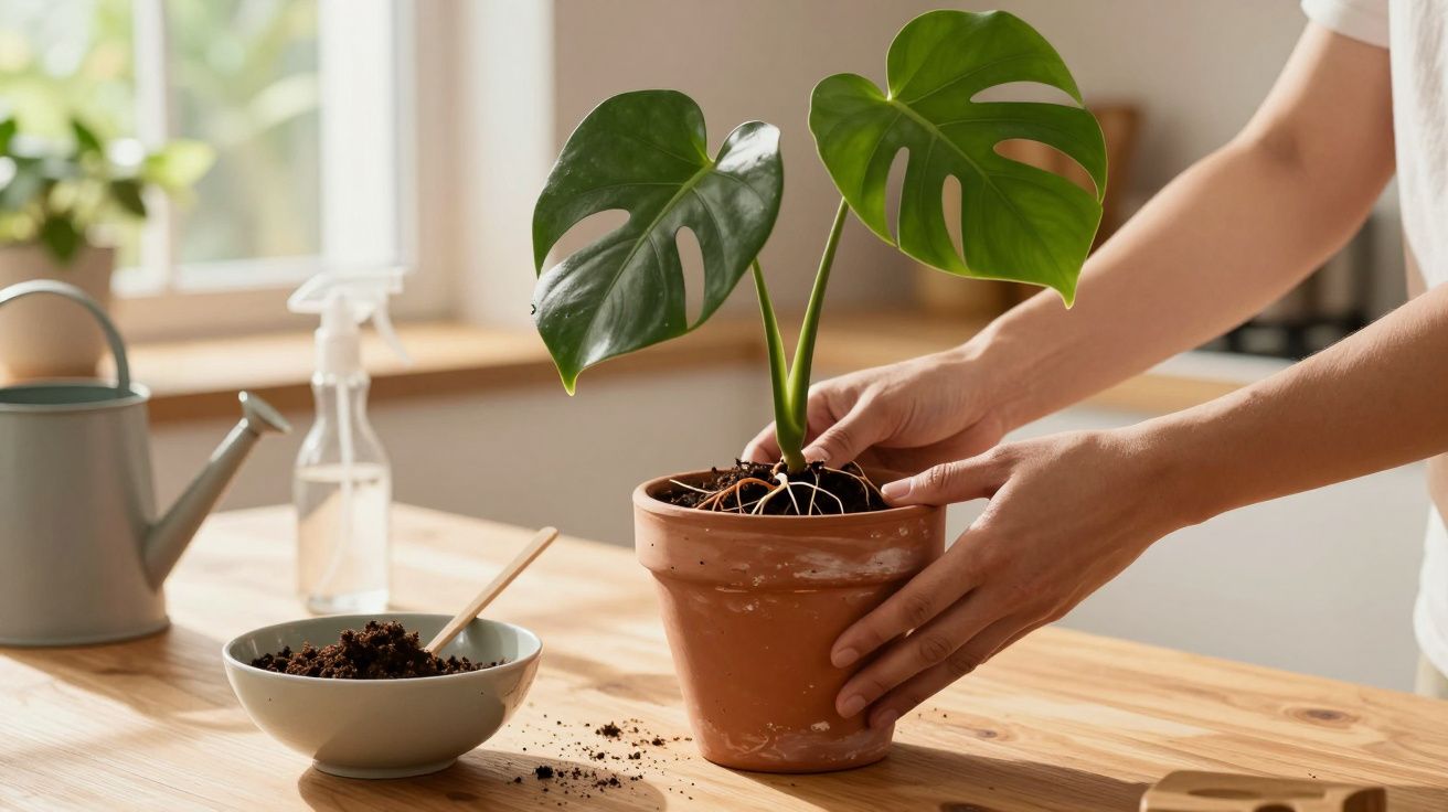 Osoba przesadzająca monsterę do glinianej doniczki na drewnianym stole, obok konewka i miska z ziemią.