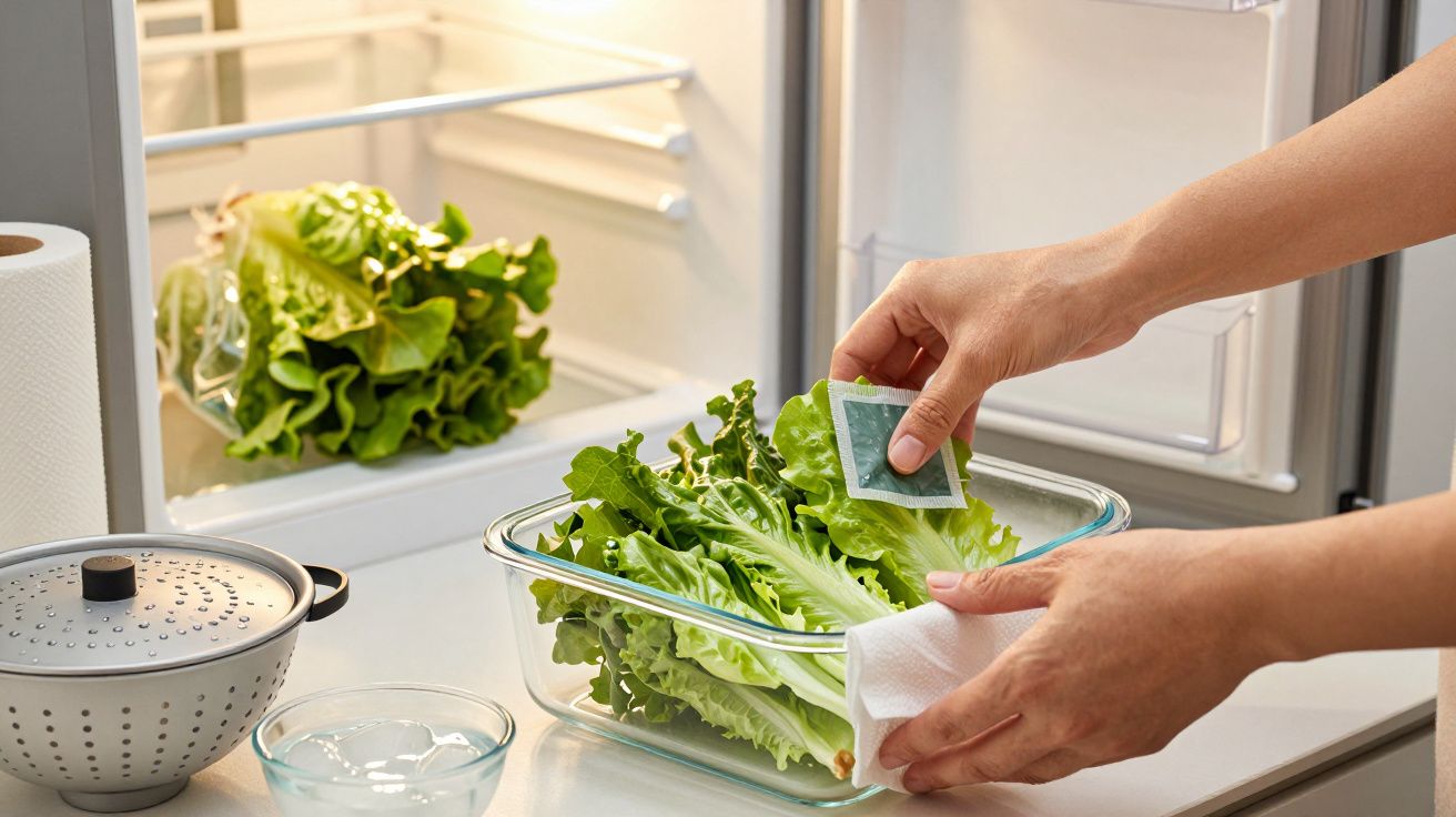 Osoba wkłada sałatę do pojemnika w lodówce, trzymając chusteczkę i mały woreczek.