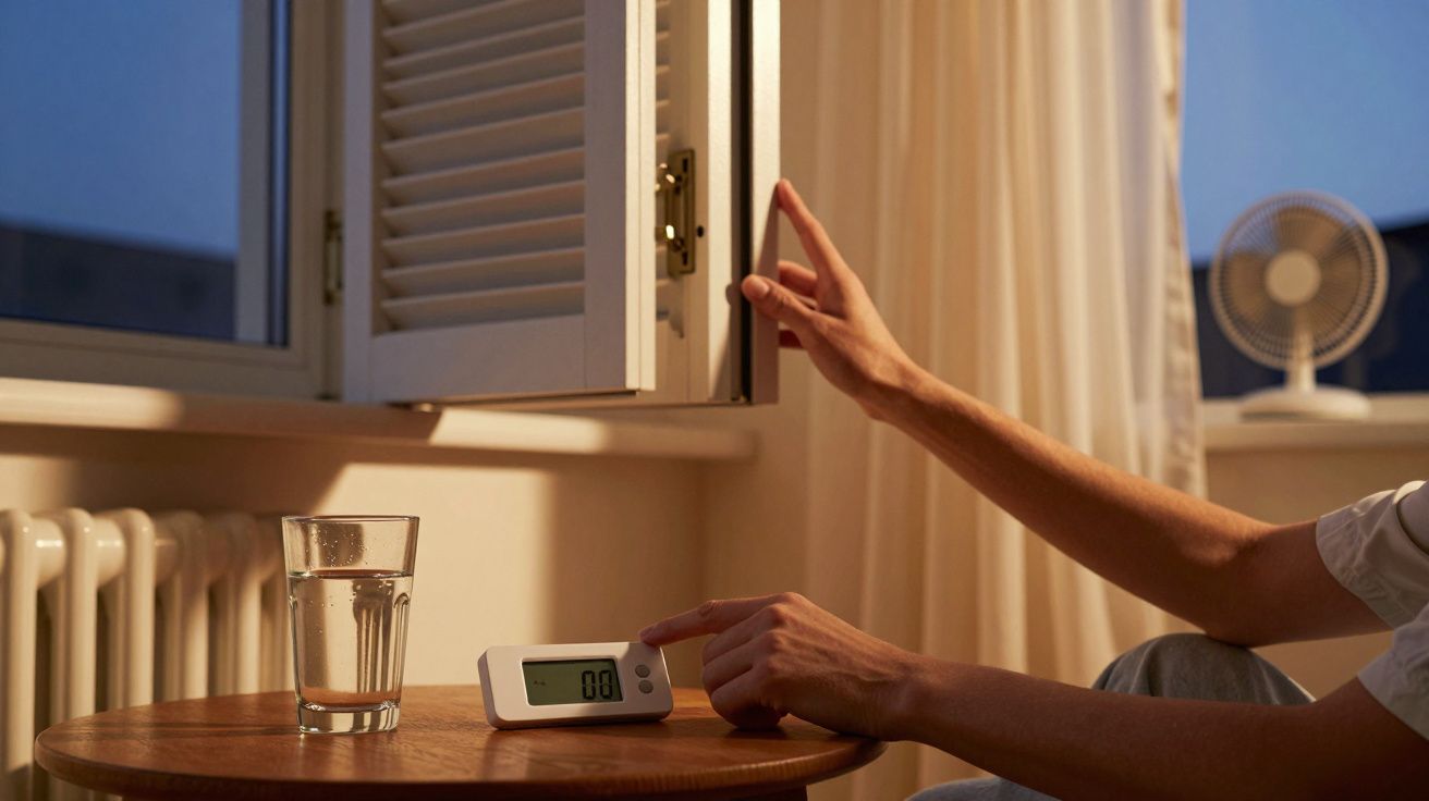 Osoba otwiera okno, obok stoi szklanka wody na stole, a palec wskazuje na termometr cyfrowy pokazujący 0.8.