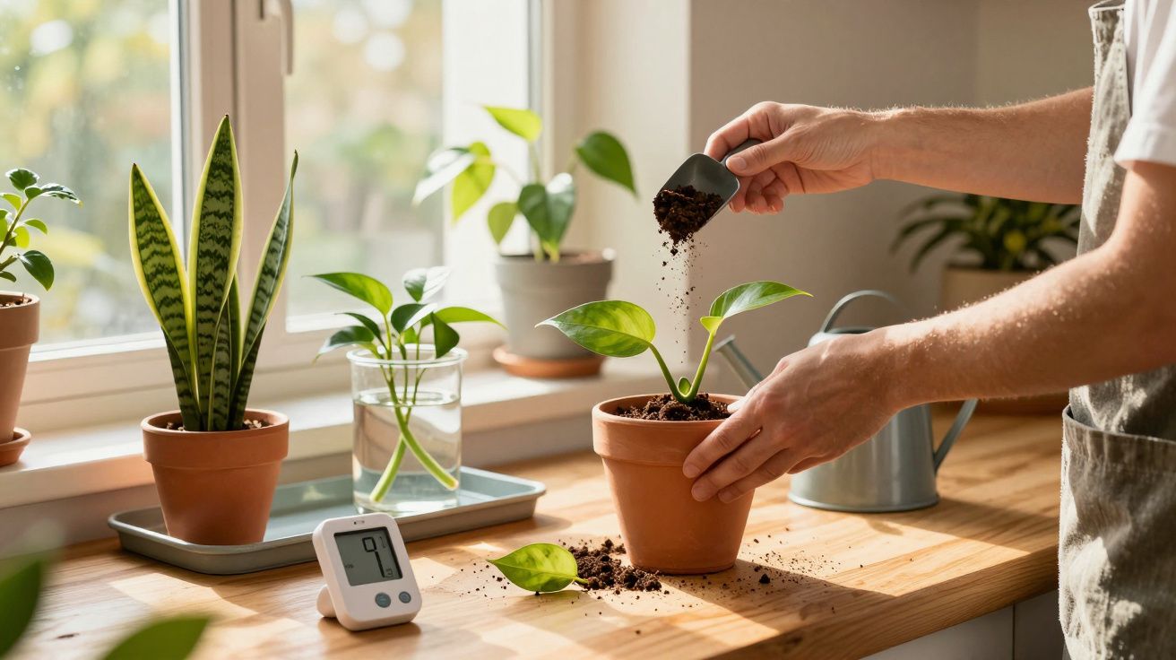 Osoba sadząca roślinę w doniczce na blacie przy oknie, obok termometru i innych roślin.