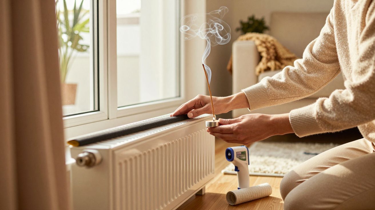Osoba używa miernika temperatury i kadzideł na grzejniku w domowym wnętrzu.