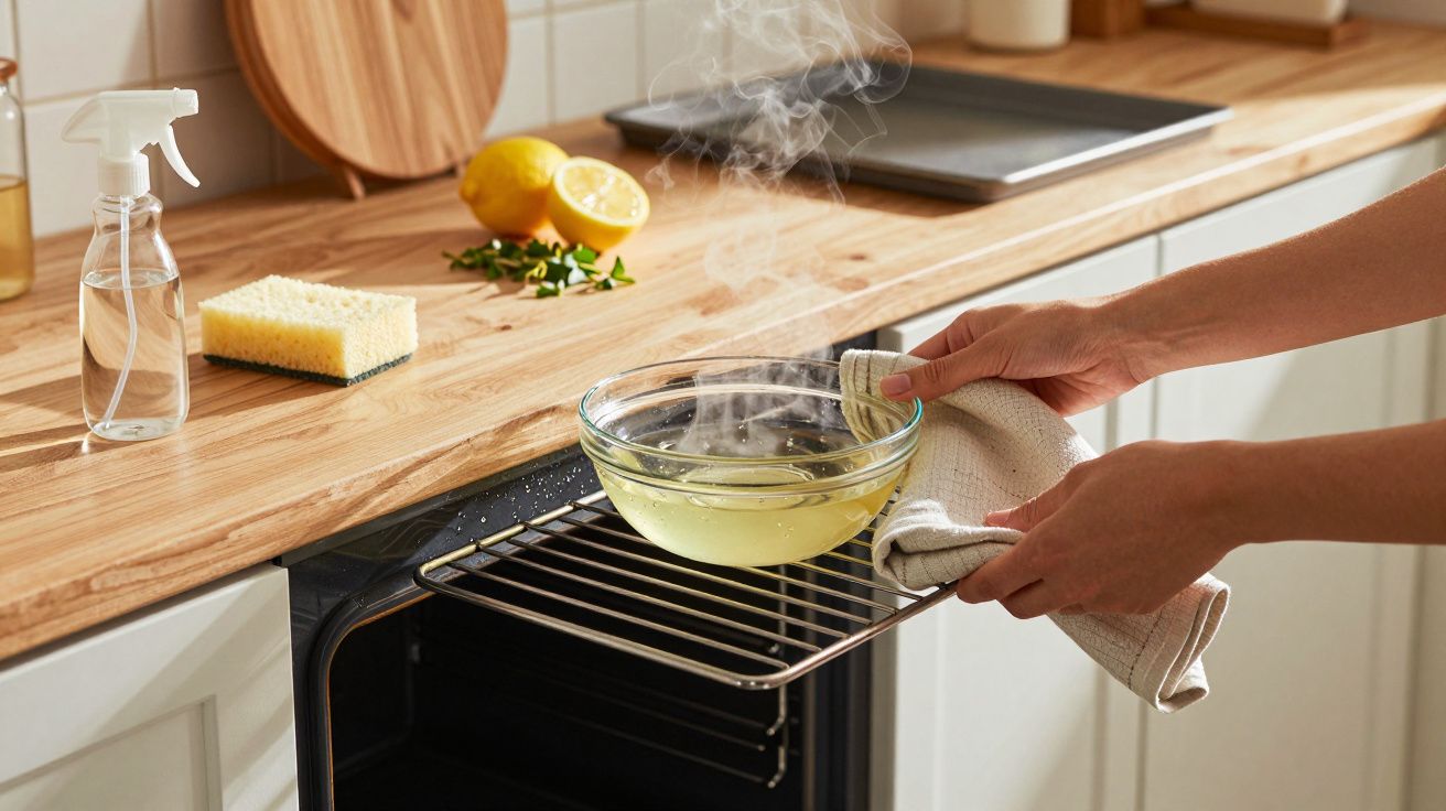 Osoba wyjmująca parującą miskę z piekarnika w kuchni, na blacie cytryna i gąbka.