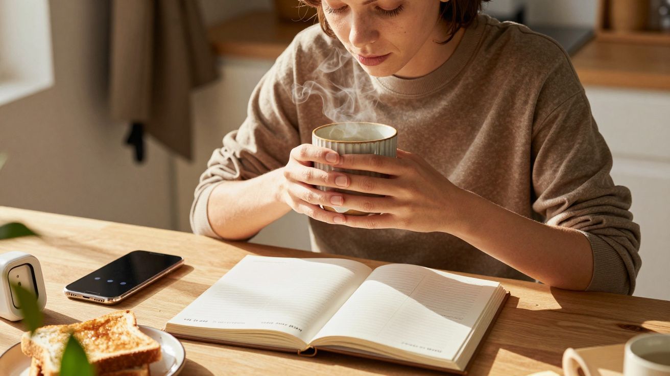 Kobieta pijąca gorący napój przy stole z otwartym notesem i telefonem.