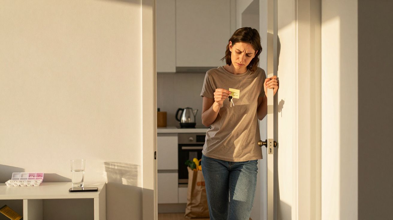 Kobieta w szarej koszulce patrzy na notatkę, stojąc w otwartych drzwiach kuchni, oświetlona słońcem.