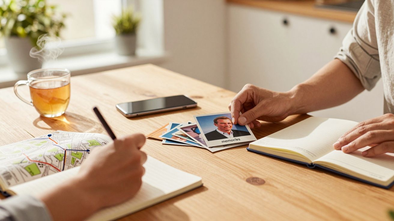 Dwie osoby przy stole, jedna trzyma zdjęcia, druga pisze w notatniku, na stole leży telefon, mapa i filiżanka herbaty.
