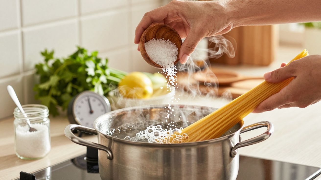 Gotowanie makaronu w garnku, dodawanie soli. Parująca woda, w tle zioła i cytryny na blacie kuchennym.