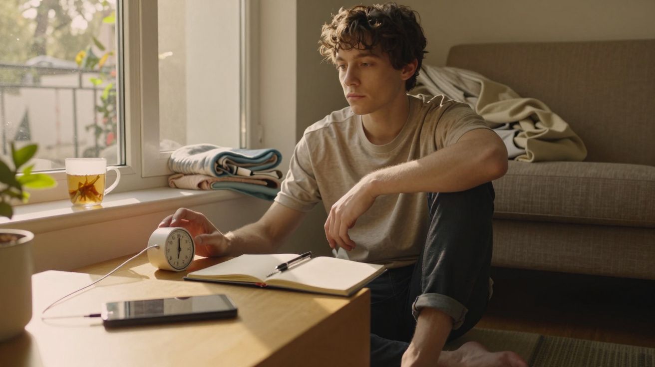 Młody mężczyzna siedzi na podłodze przy stole, trzyma zegar, obok leży notes, tablet i kubek herbaty.