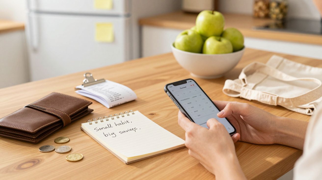 Osoba trzymająca telefon przy stole z notatnikiem, portfelem, monetami i miską zielonych jabłek.