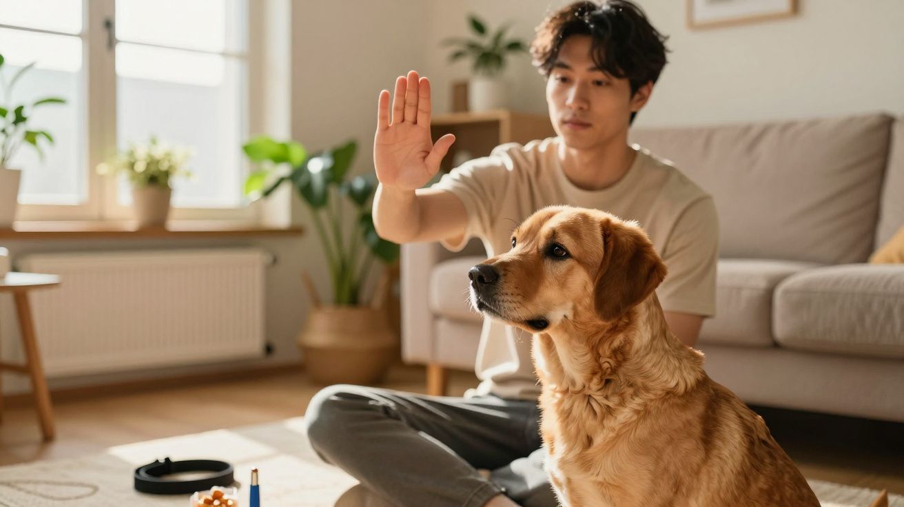 Mężczyzna siedzi na podłodze w salonie, szkoląc psa. Podnosi rękę w geście komendy.