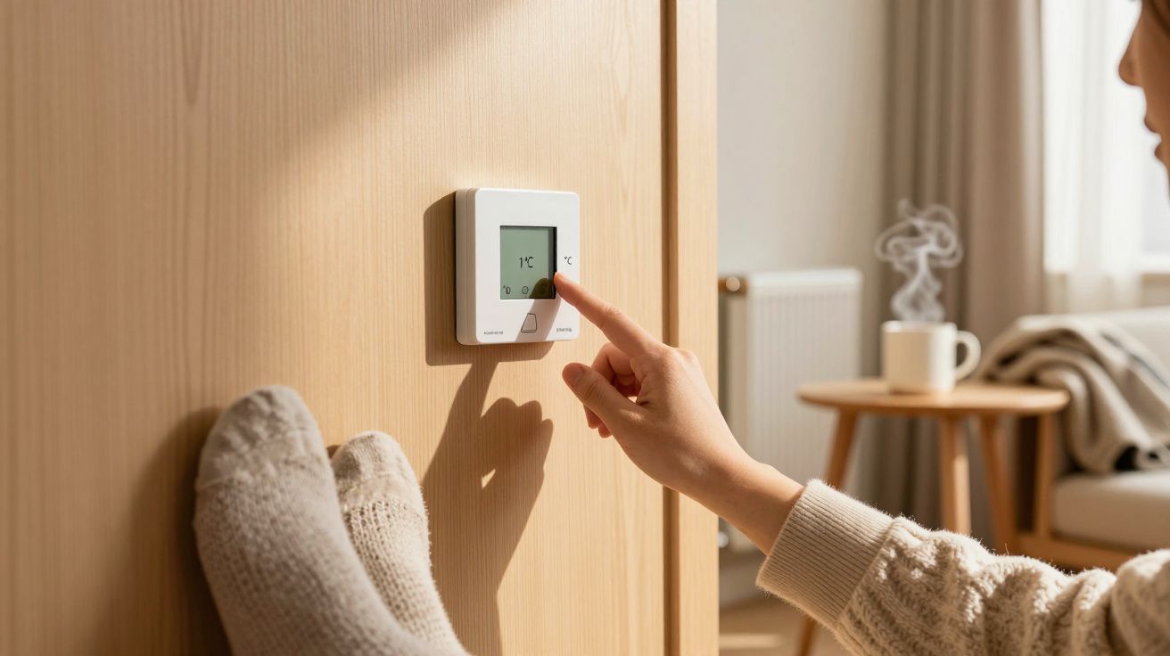 Osoba reguluje termostat na ścianie, w tle widać kubek i grzejnik.