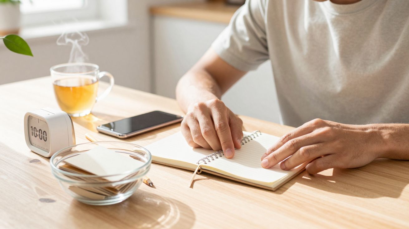 Osoba pisze w notatniku przy stole z filiżanką herbaty, telefonem i zegarem.