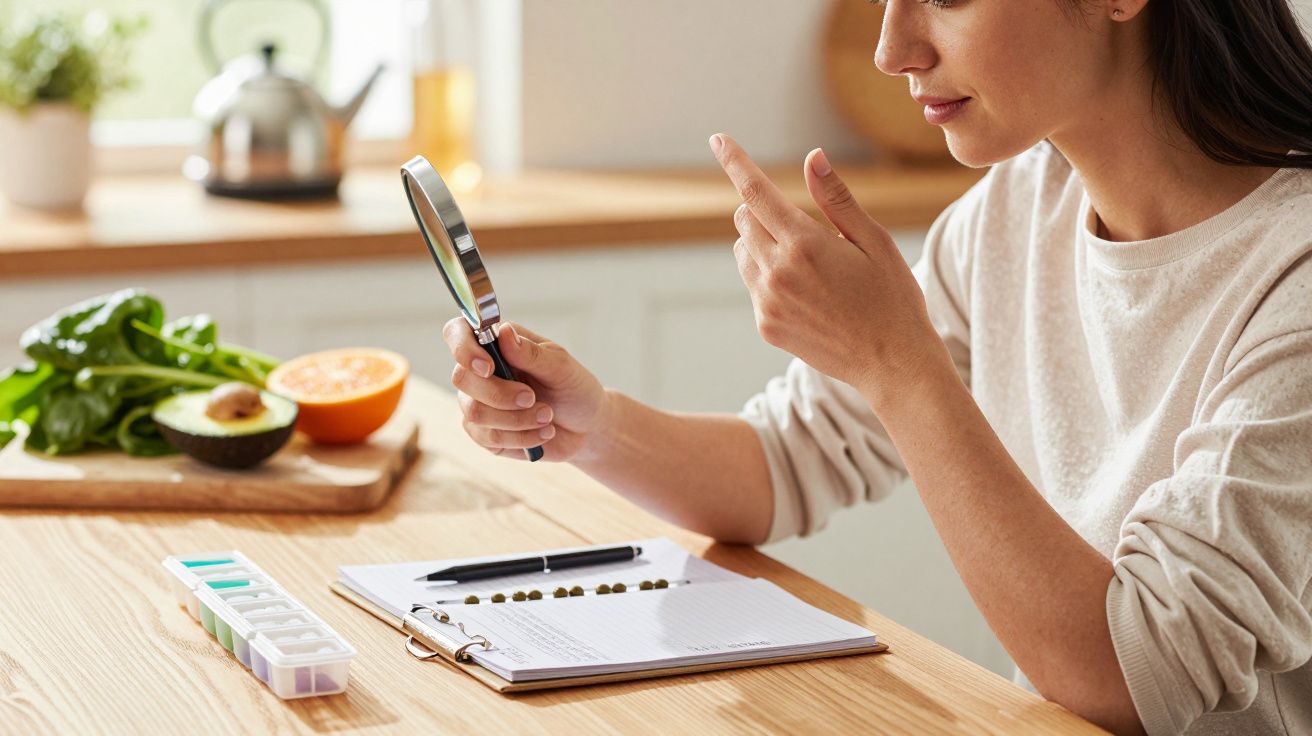 Kobieta przy stole w kuchni ogląda tabletki przez lupę, obok leży notes i świeże warzywa.