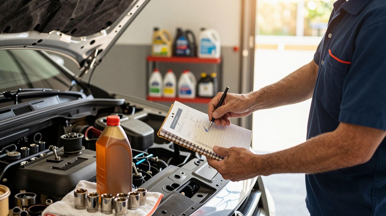 Mechanik sprawdza listę kontrolną przy otwartej masce samochodu, na stole olej silnikowy i narzędzia.