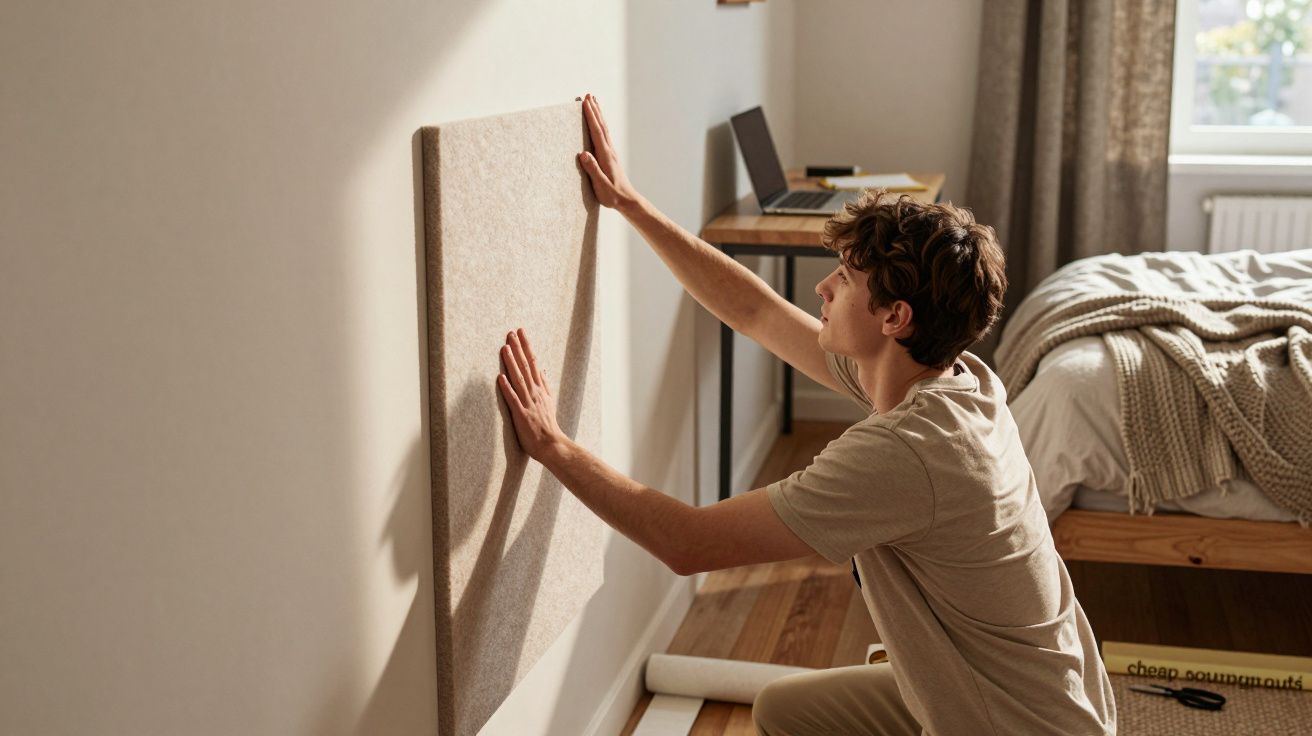 Mężczyzna montuje panel akustyczny na ścianie w sypialni obok łóżka i laptopa.