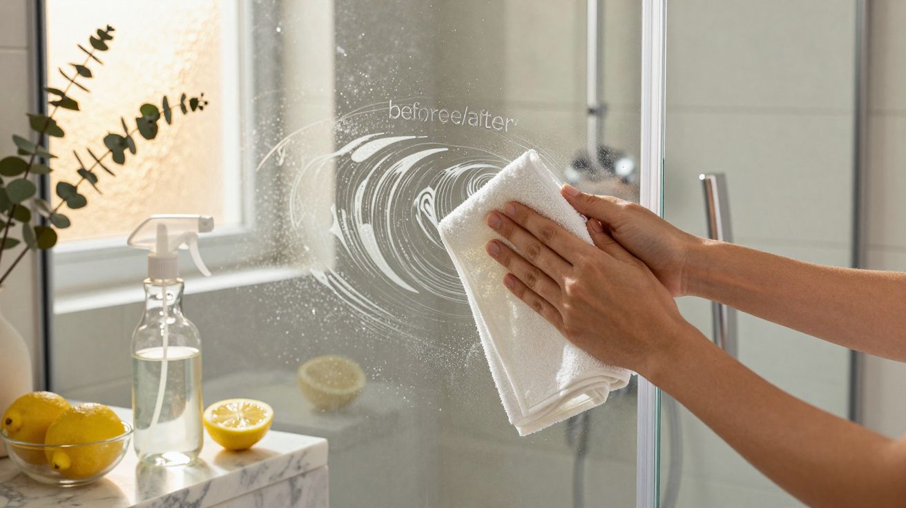 Osoba wyciera szkło kabiny prysznicowej białą ściereczką, obok butelka ze sprayem i cytryny.