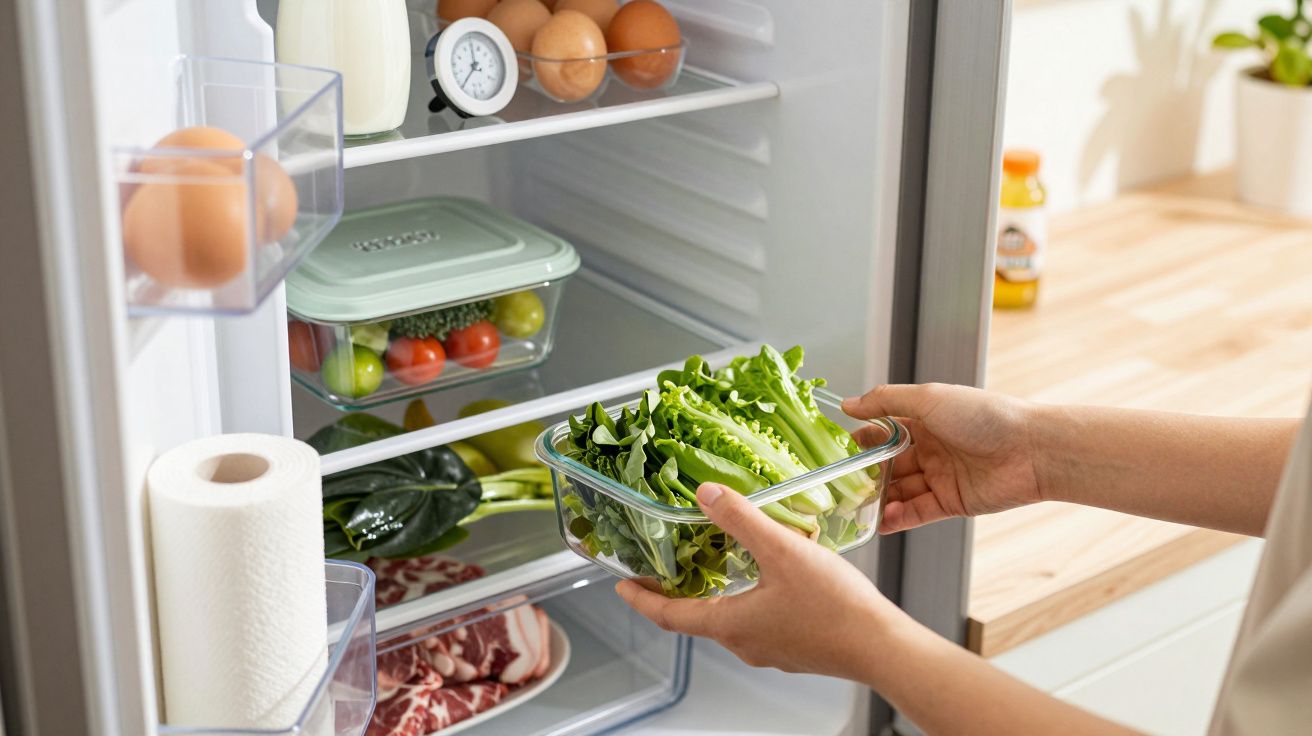 Osoba wkłada pojemnik z sałatą do lodówki z jajkami, warzywami i mięsem.
