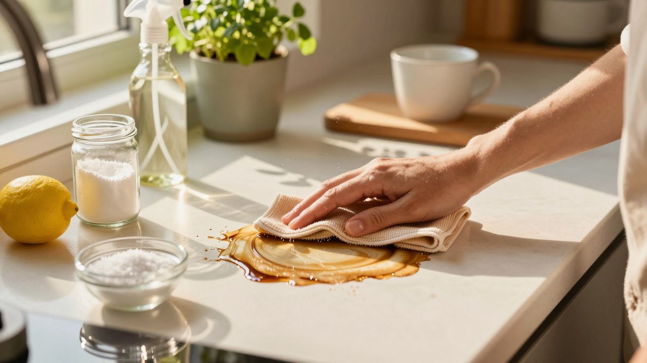 Osoba wyciera rozlany płyn na kuchennym blacie ściereczką, w tle cytryna i roślina.