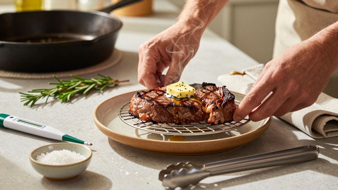 Osoba przygotowuje stek z roztapiającym się masłem na kratce, obok widoczne przyprawy i termometr kuchenny.