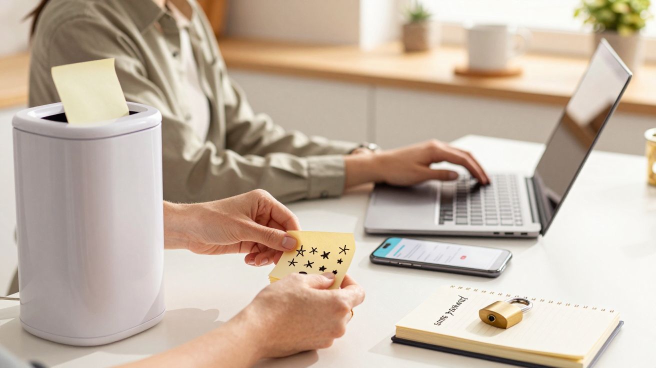 Osoba siedząca przy biurku z laptopem, używająca niszczarki oraz trzymająca notatkę ze wzorem gwiazdek.