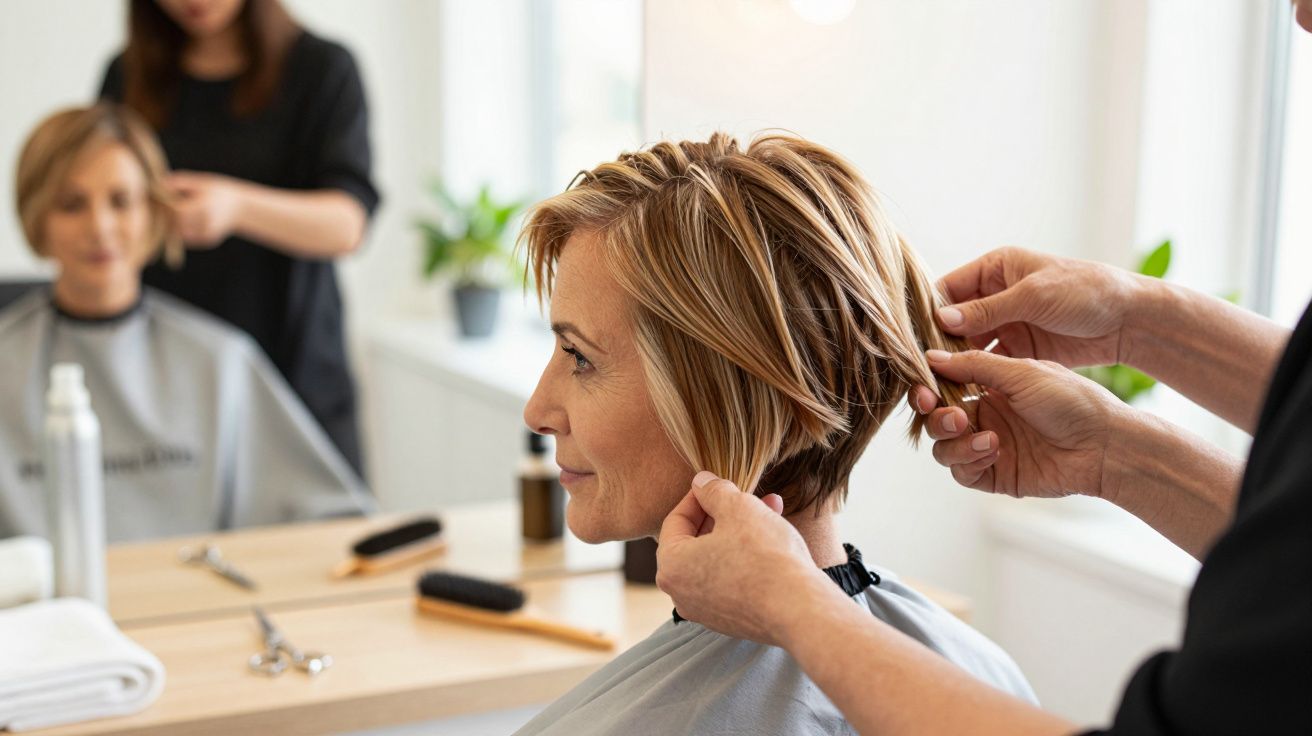 Kobieta z krótkimi włosami siedzi na fotelu w salonie fryzjerskim, fryzjerka stylizuje jej fryzurę.