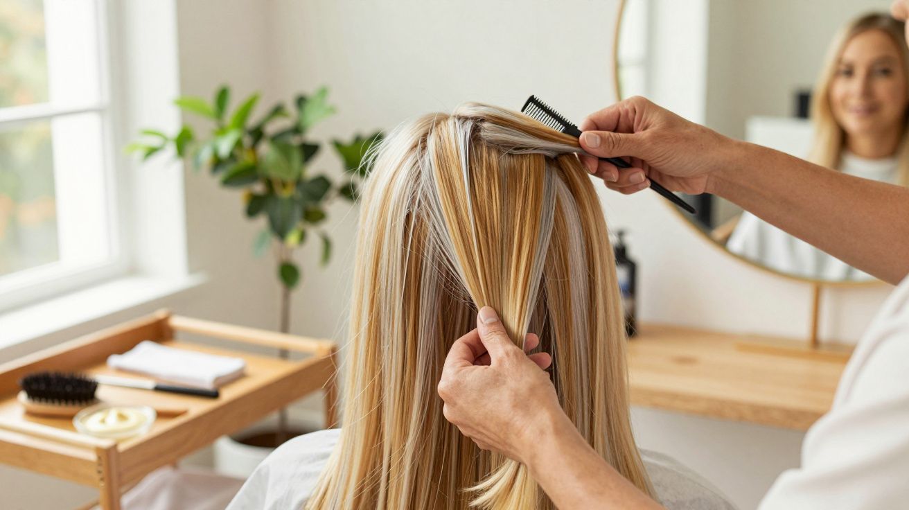 Fryzjer stylizuje blond włosy kobiety w salonie. W tle widać okno i lustro z odbiciem kobiety.