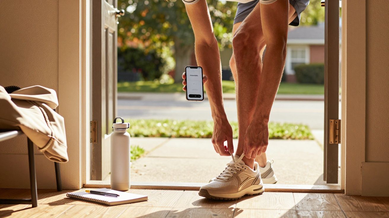 Osoba wiąże buty na progu domu, trzymając smartfon. Obok leży notes i butelka na wodę.