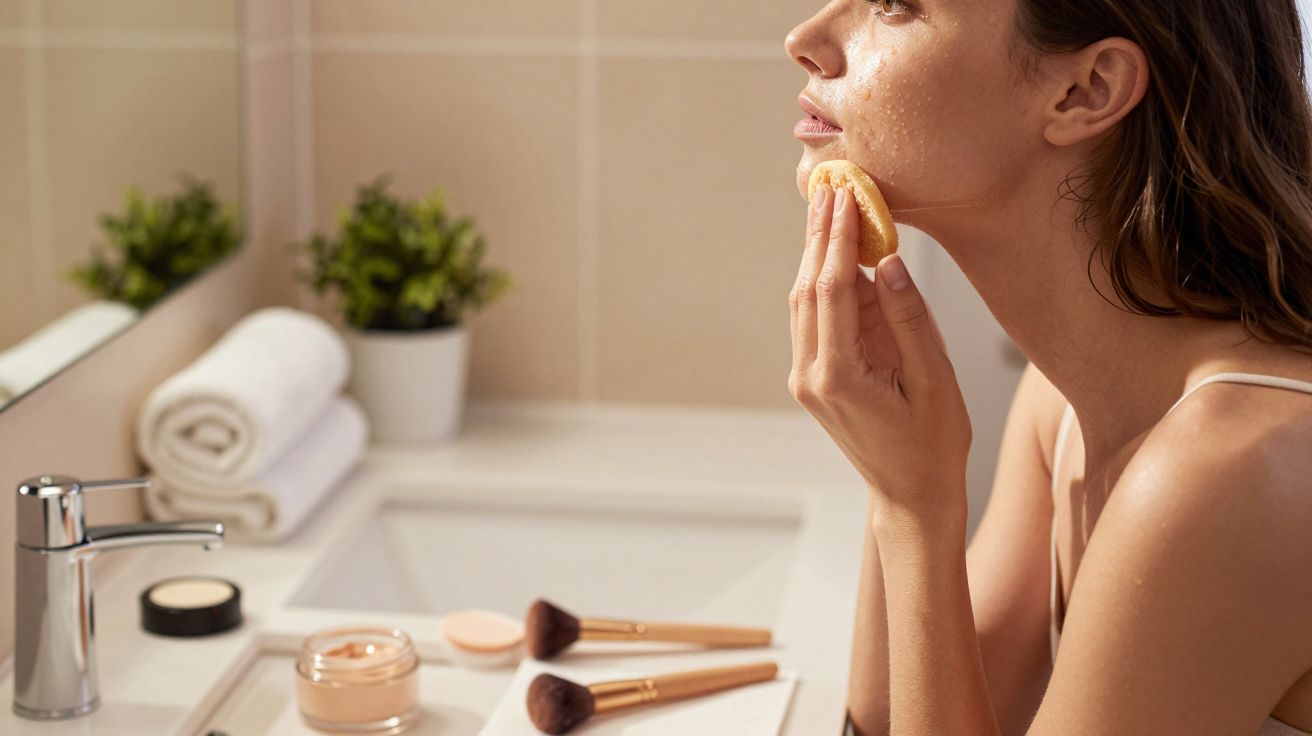 Kobieta pielęgnuje twarz przed lustrem łazienki, obok leżą kosmetyki i pędzle.