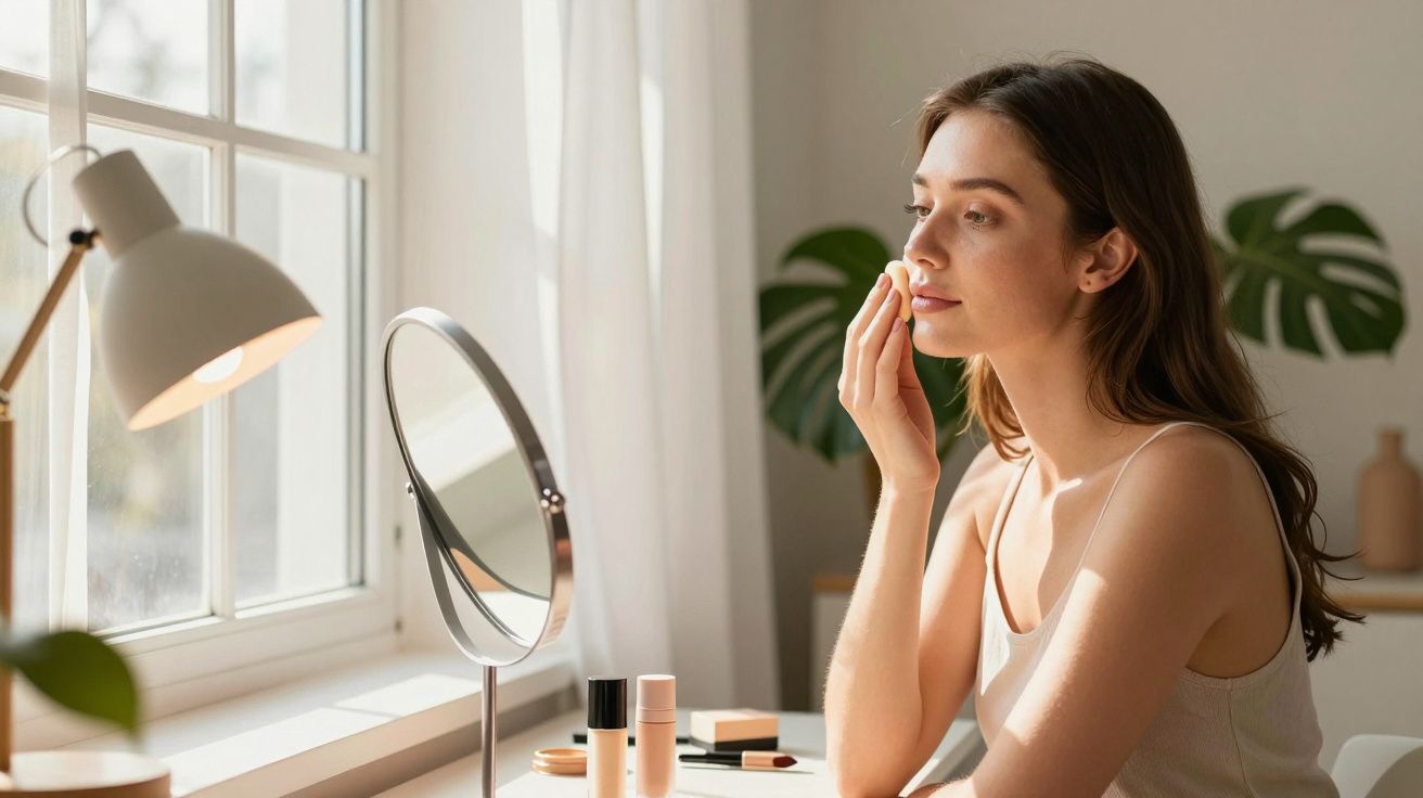 Kobieta siedzi przy oknie, aplikując kosmetyk na twarz; przed nią lustro i kilka kosmetyków.