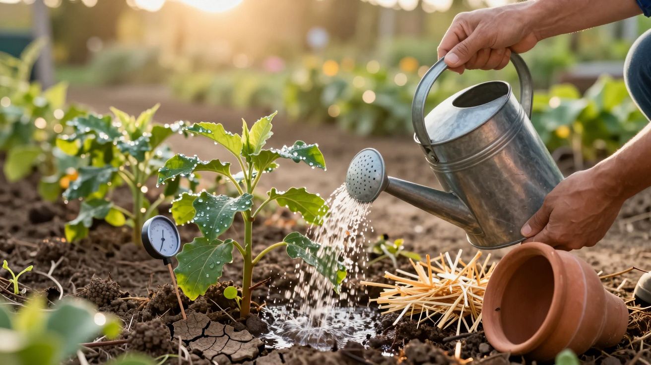 Osoba podlewa rośliny konewką w ogrodzie przy słonecznej pogodzie, obok leży rozbite naczynie gliniane.