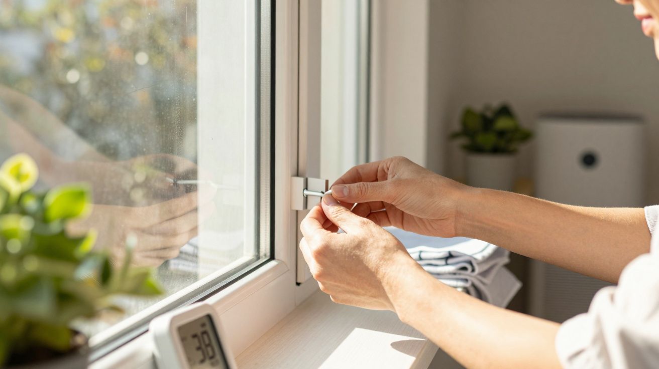 Osoba zamyka okno w słoneczny dzień, na parapecie rośliny i termometr.