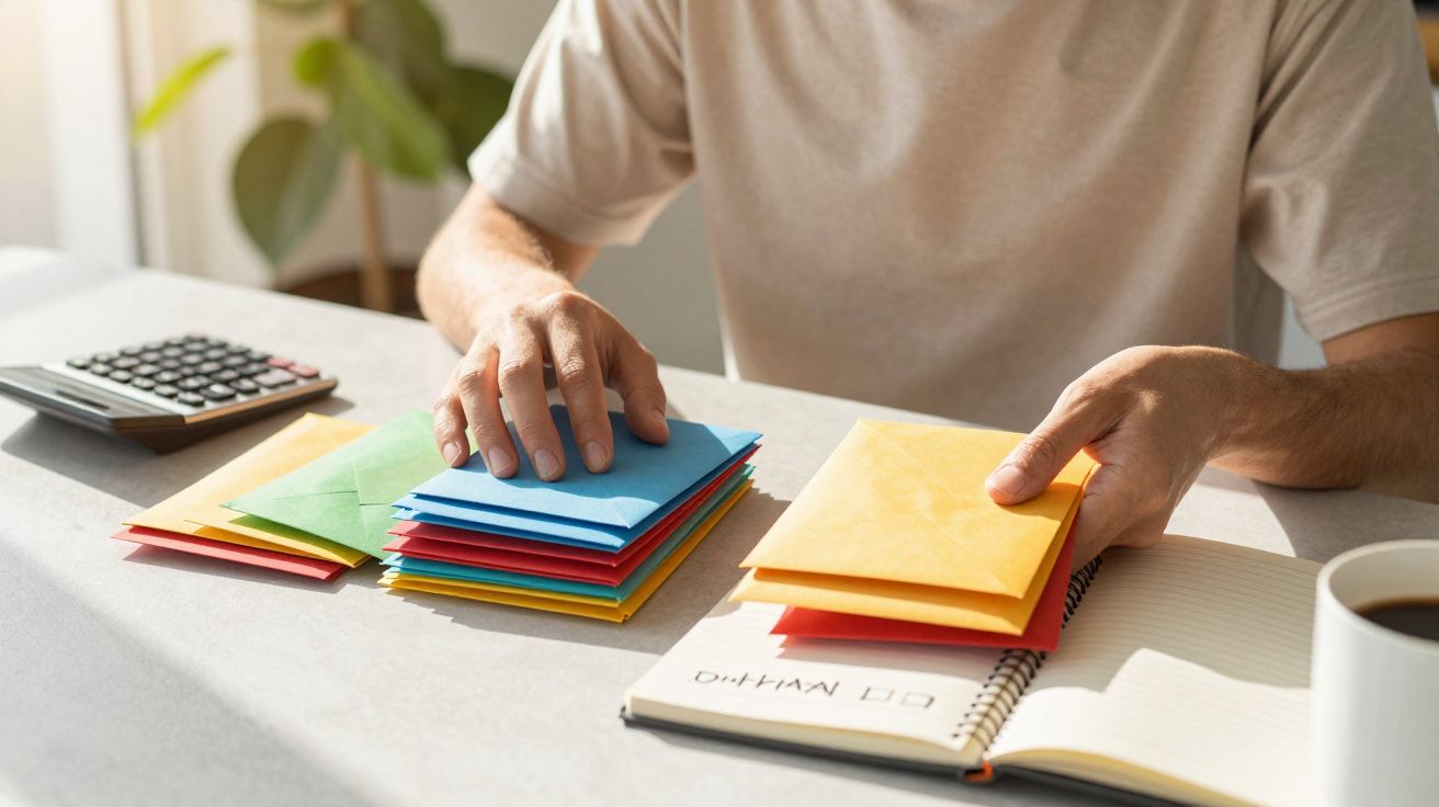 Osoba segregująca kolorowe koperty przy stole, obok kalkulator i notes, poranne światło, filiżanka kawy.