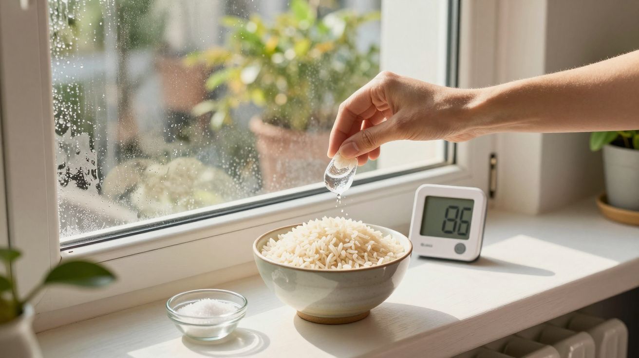 Ręka dodająca sól do miski z ryżem, obok termometr pokazujący 86 stopni, na parapecie przy oknie z roślinami w tle.