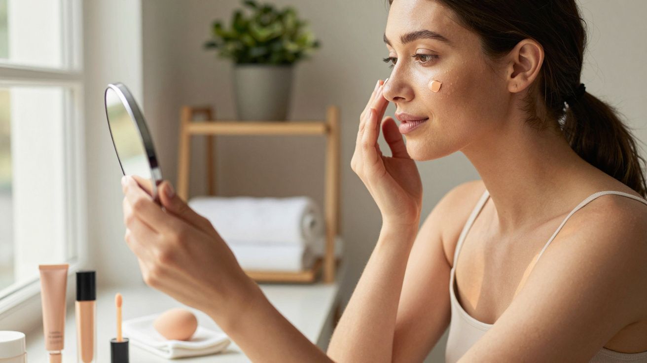 Kobieta nakłada krem na twarz, patrząc w lusterko w łazience. Na blacie widać kosmetyki i ręczniki.