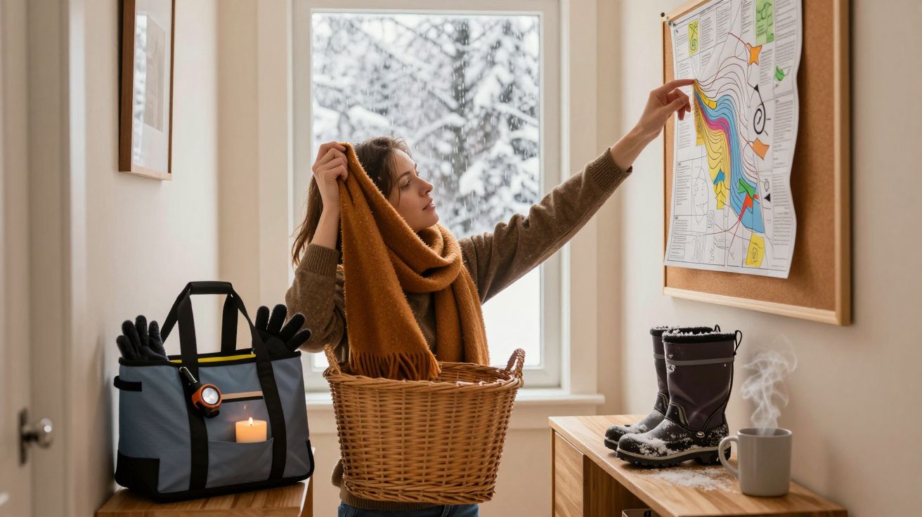 Kobieta z koszykiem i szalikiem patrzy na mapę. Obok torba zimowa i para butów z kubkiem parującej herbaty.
