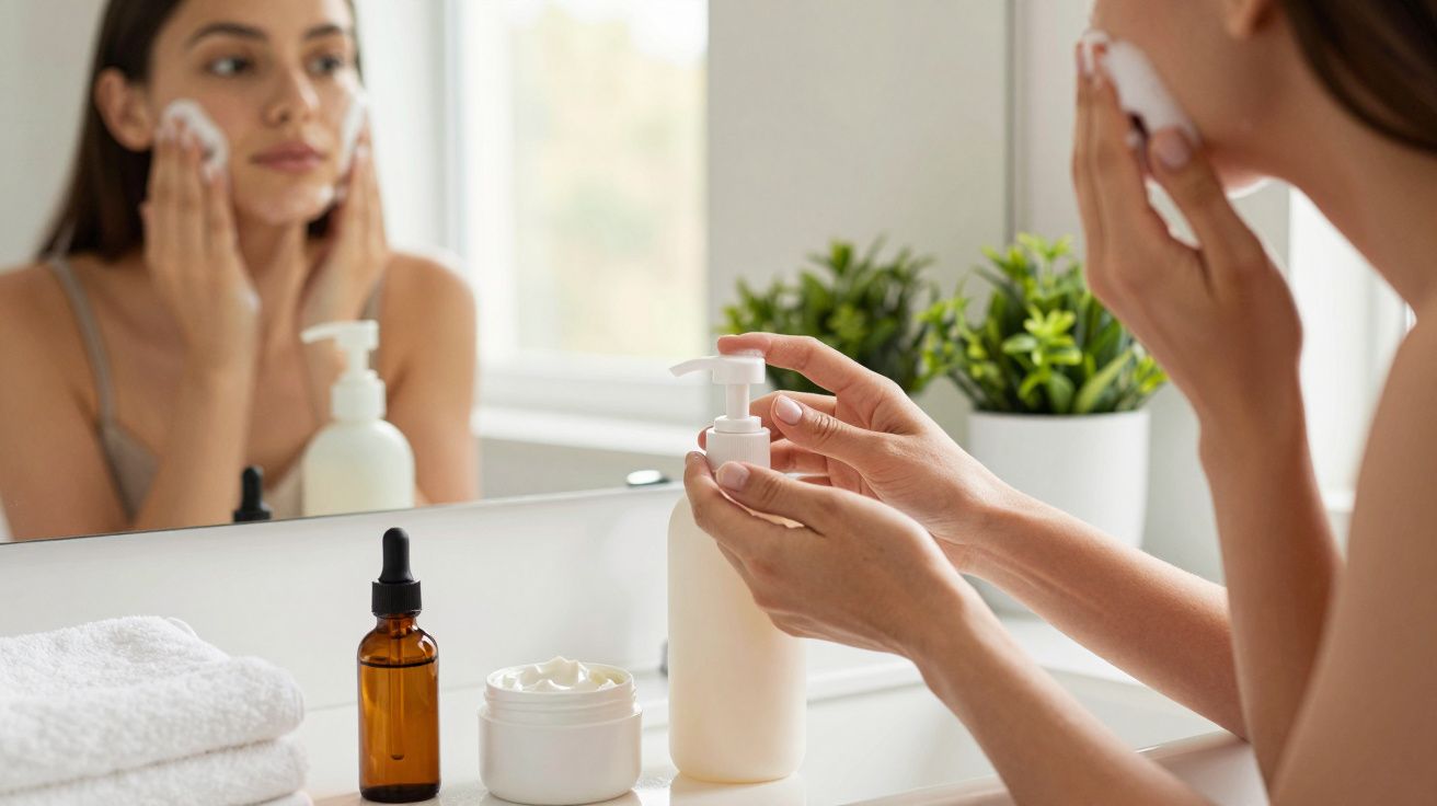 Kobieta pielęgnuje twarz, trzymając butelkę z kosmetykiem przed lustrem, otoczona produktami do pielęgnacji.