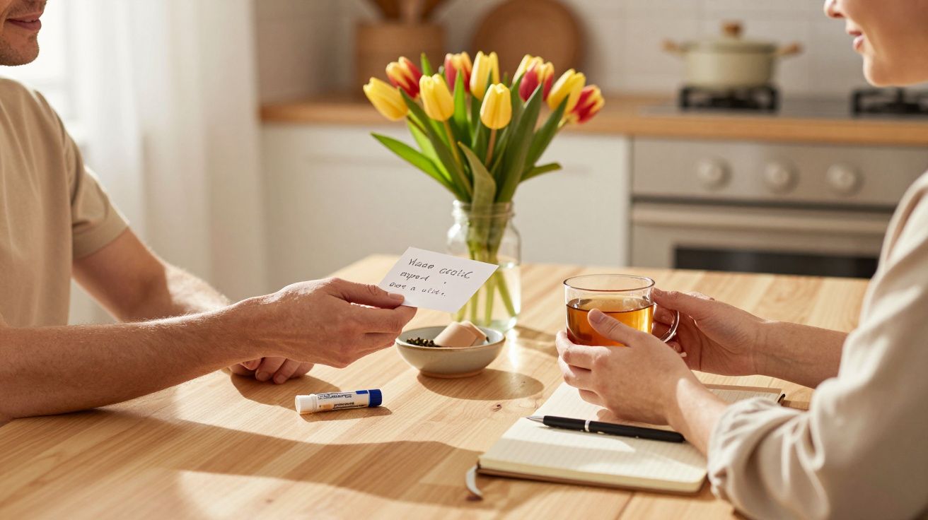 Dwie osoby przy stole w kuchni, jedna trzyma notatkę, druga filiżankę herbaty. W tle wazon z tulipanami.