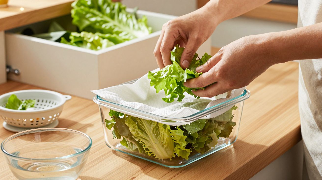 Osoba układająca liście sałaty w szklanym pojemniku na stole kuchennym.