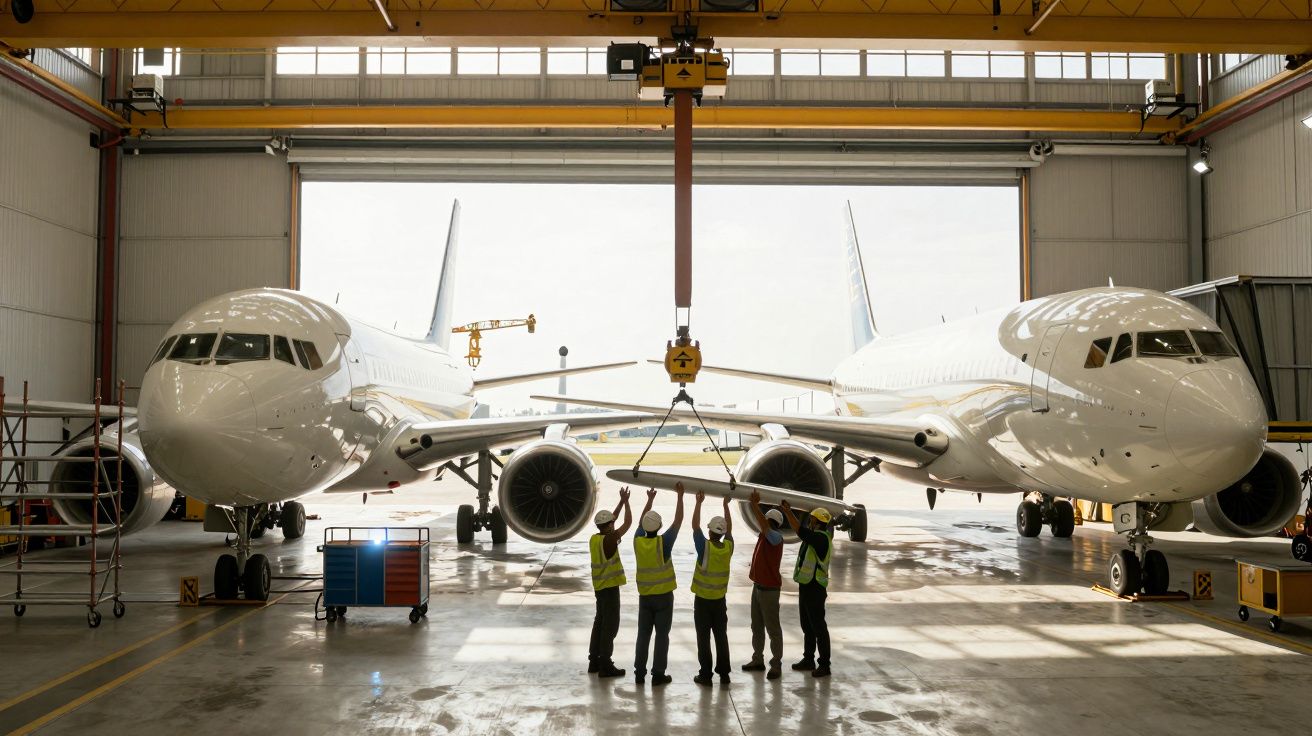 Dwaj pracownicy na hali lotniczej podwieszają ładunek dźwigiem między dwoma samolotami pasażerskimi.
