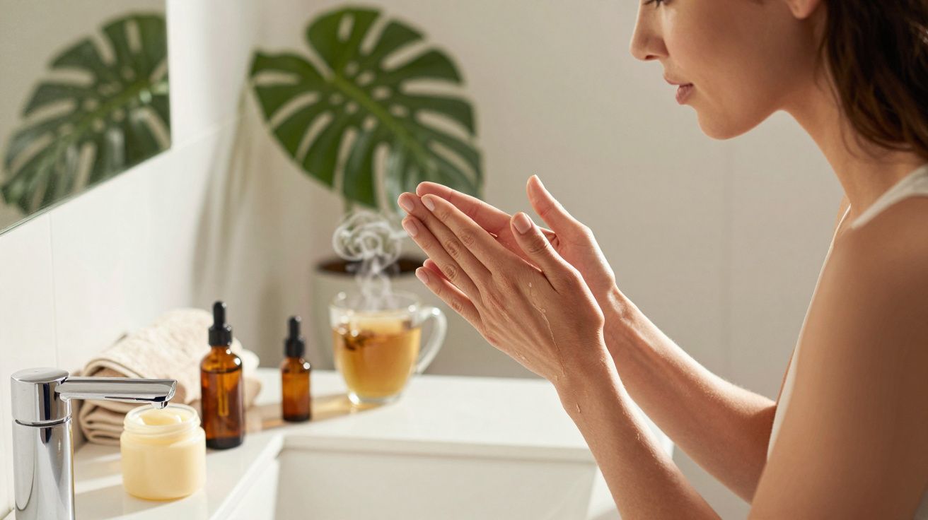 Kobieta w łazience masująca dłonie. Na blacie widoczne kosmetyki, filiżanka herbaty i ręcznik.