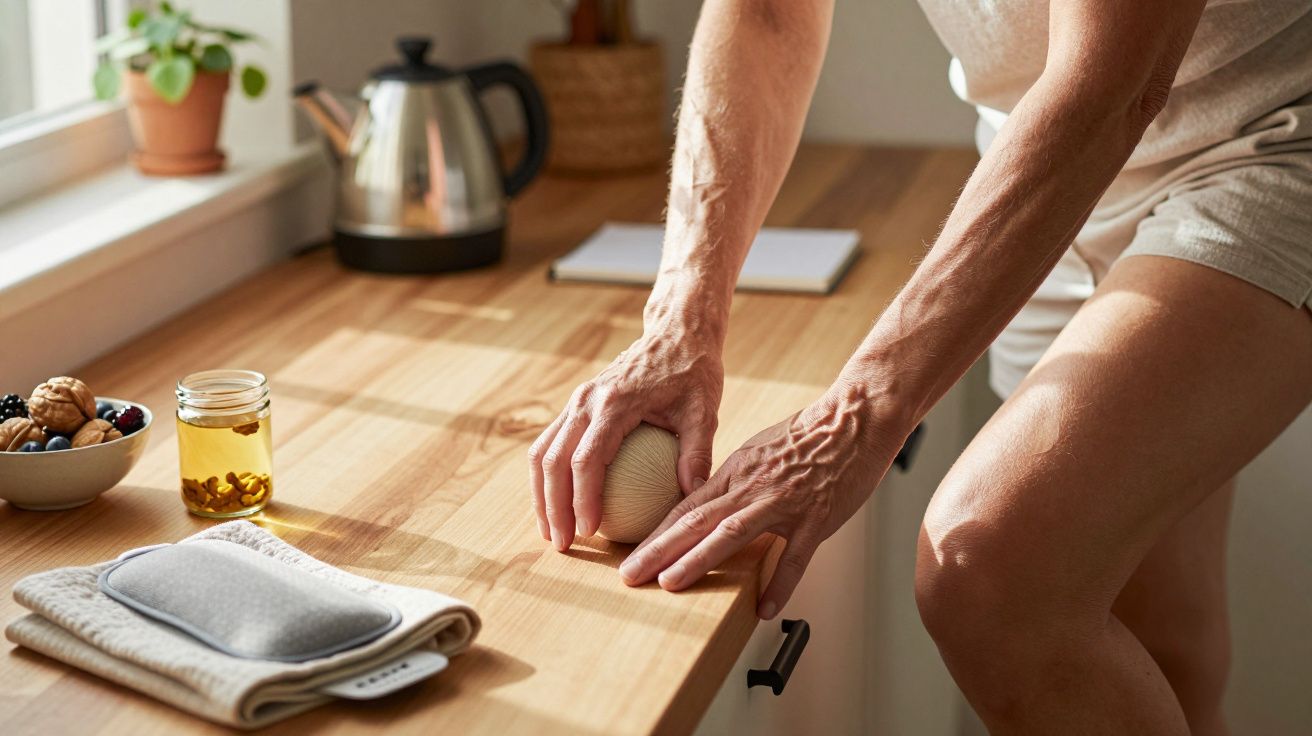 Osoba roluje piłkę pod stopą na blacie kuchennym obok słoika z miodem i miski z orzechami.